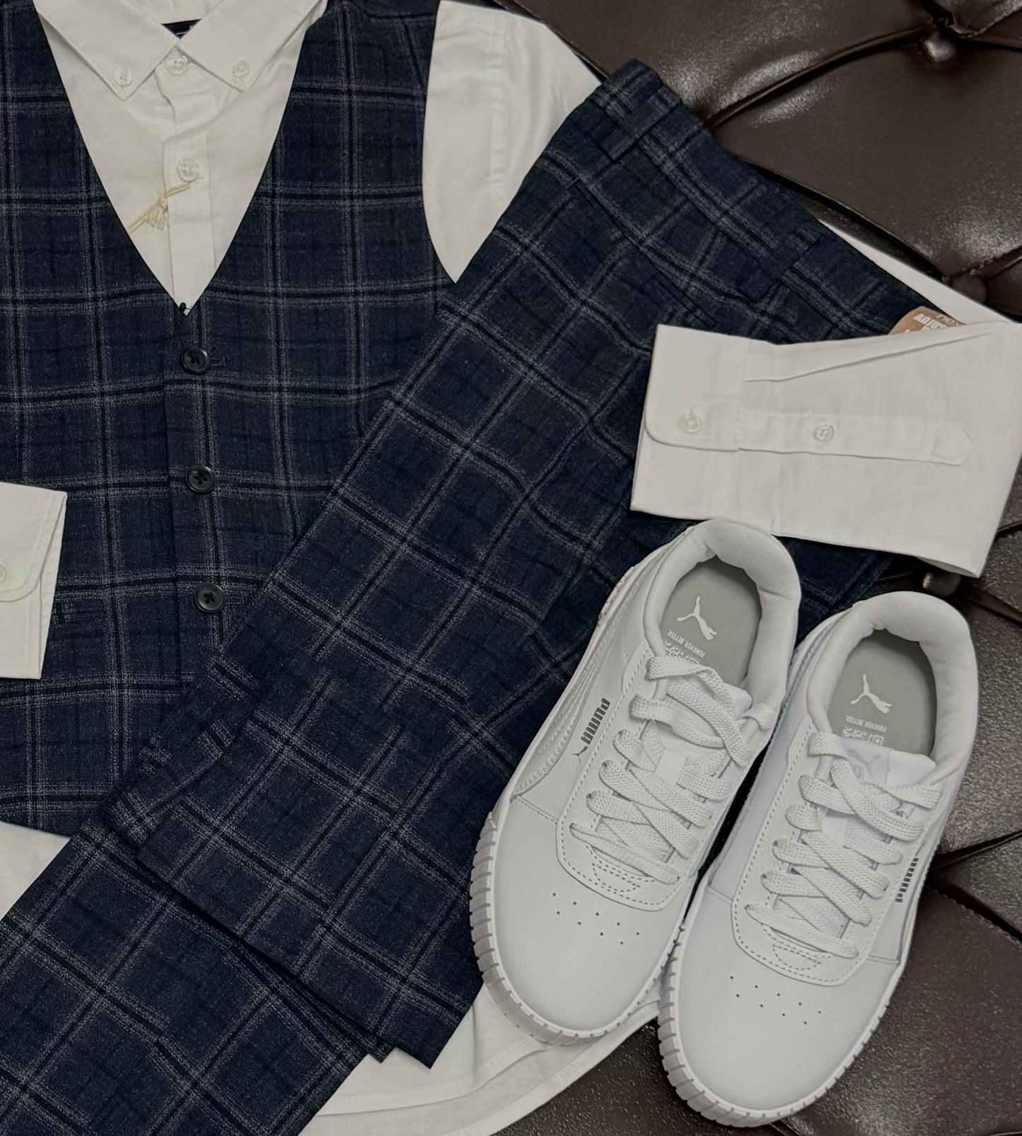 Blue Check 3-Piece Set + Puma White Sneakers
