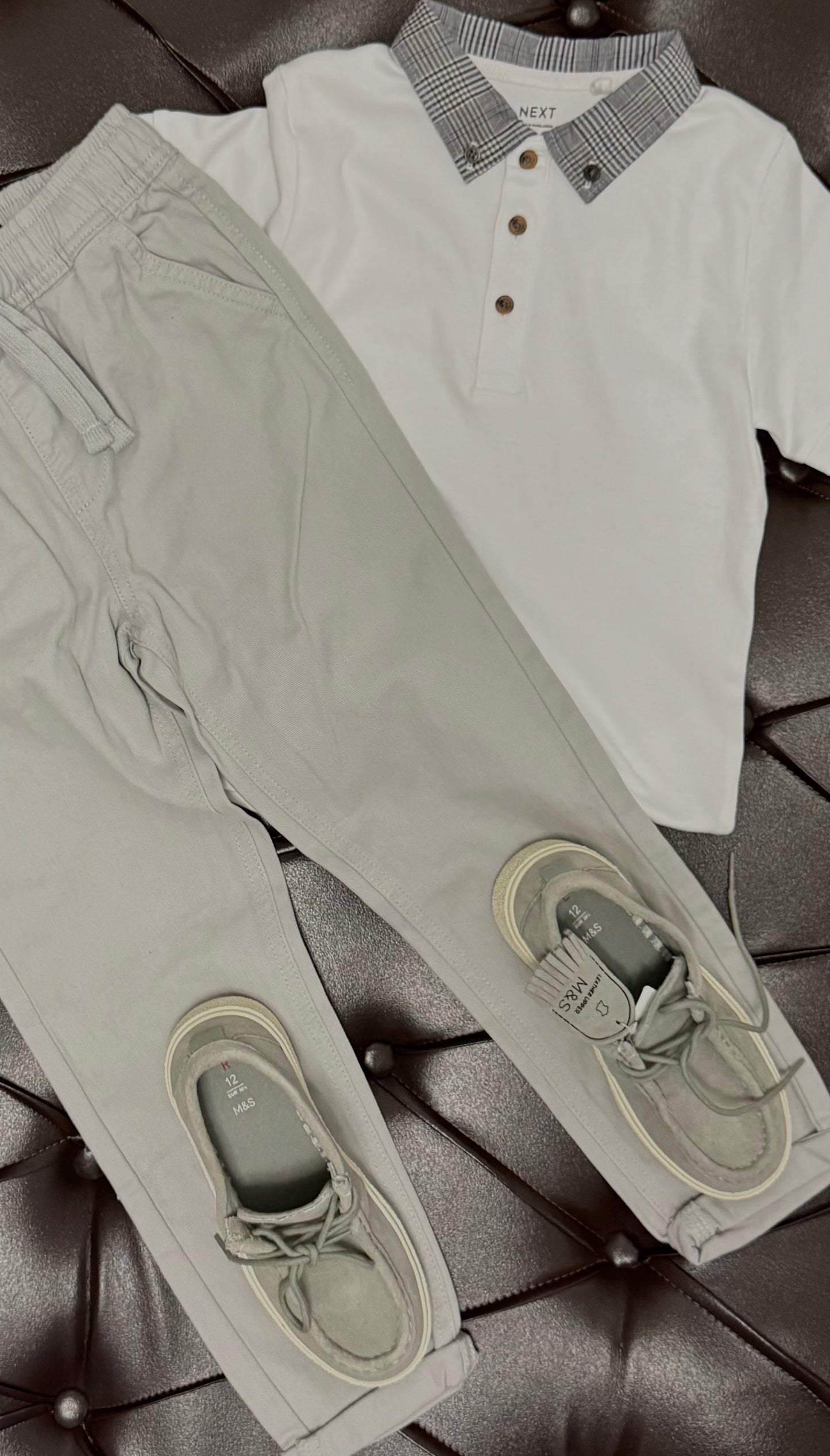 Next White Polo × Next Grey Joggers × M&S Grey Boat Shoes