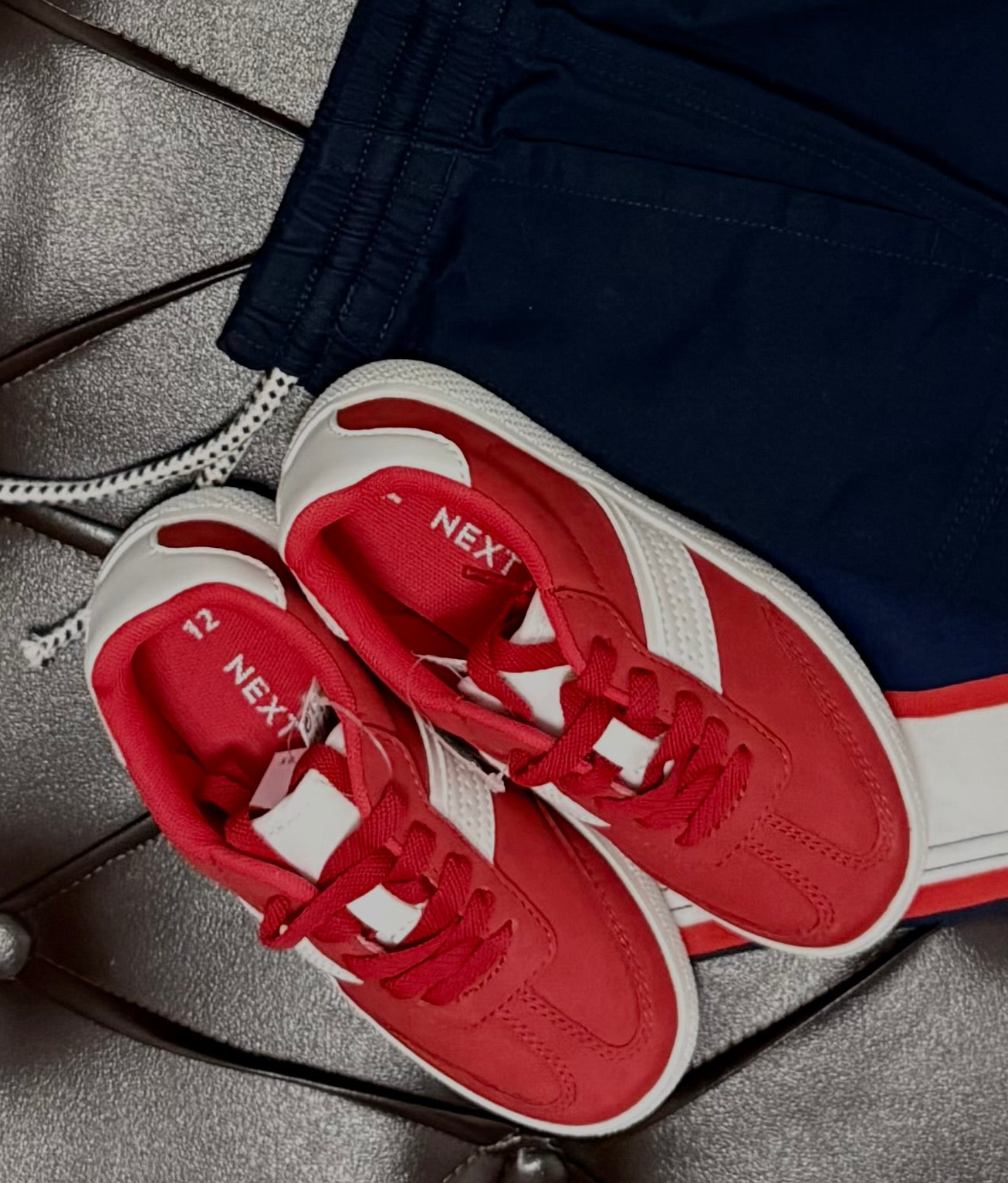 Next Navy & Red Stripe Polo + Navy Joggers + Next Red Sneakers