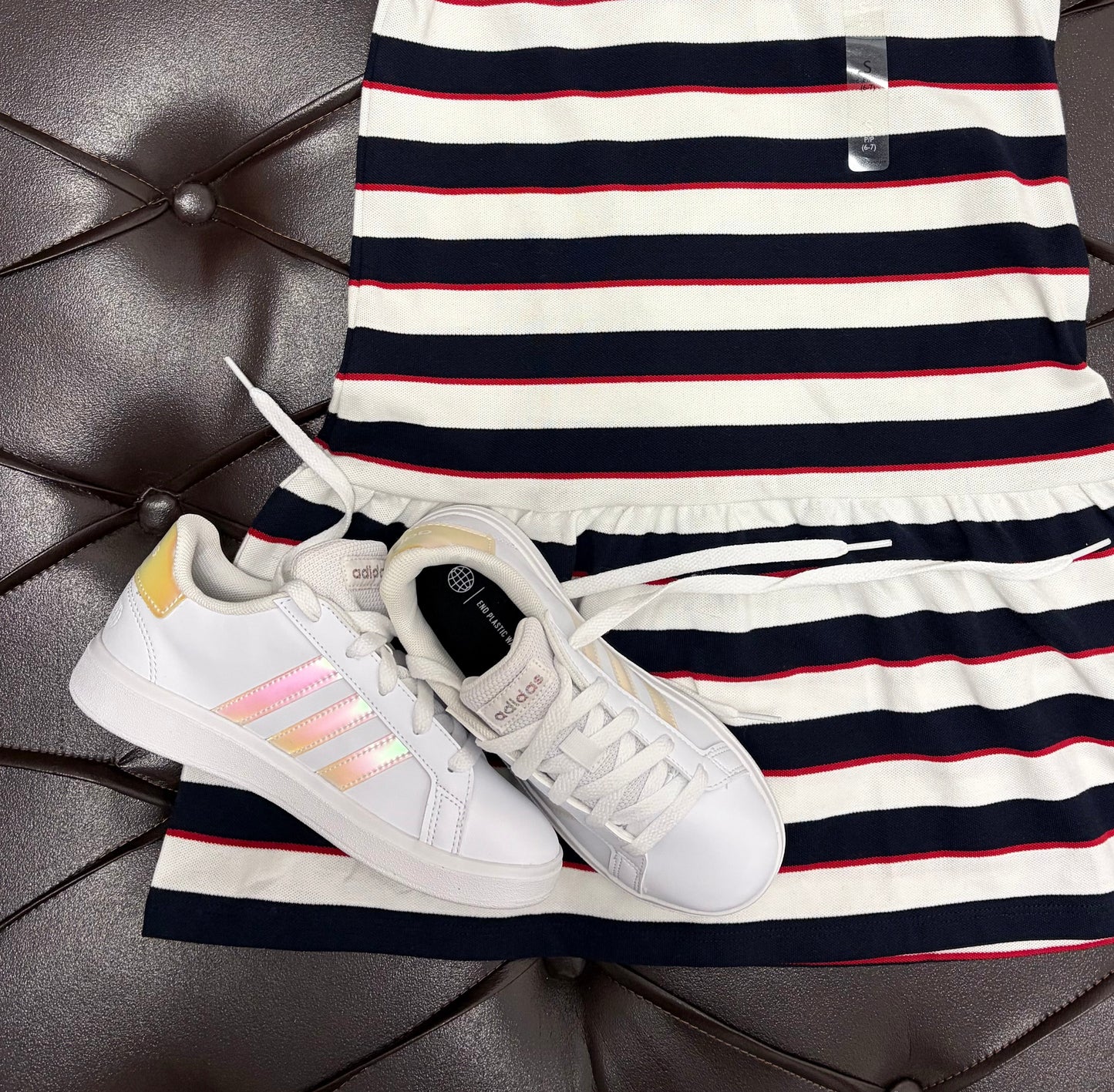 Tommy Hilfiger dress + adidas sneakers
Girls Striped Polo Dress Set