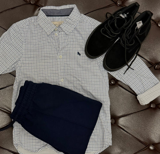 H&M Checkered White Shirt + Next Navy Joggers + Next Black Boots