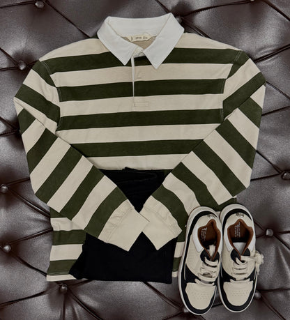 Mango Green & Beige Stripe Long-Sleeve Polo + Black Jeans + River Island Cream Sneakers
