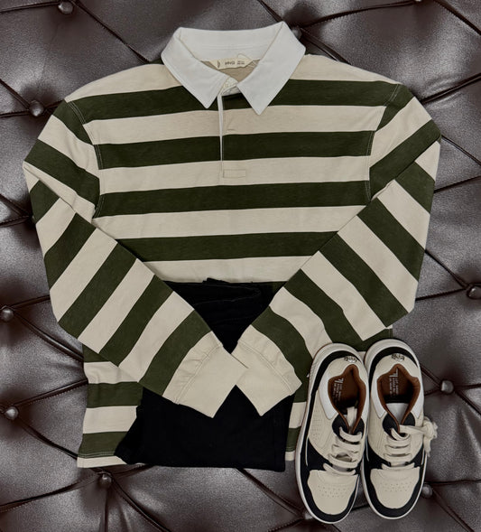 Mango Green & Beige Stripe Long-Sleeve Polo + Black Jeans + River Island Cream Sneakers