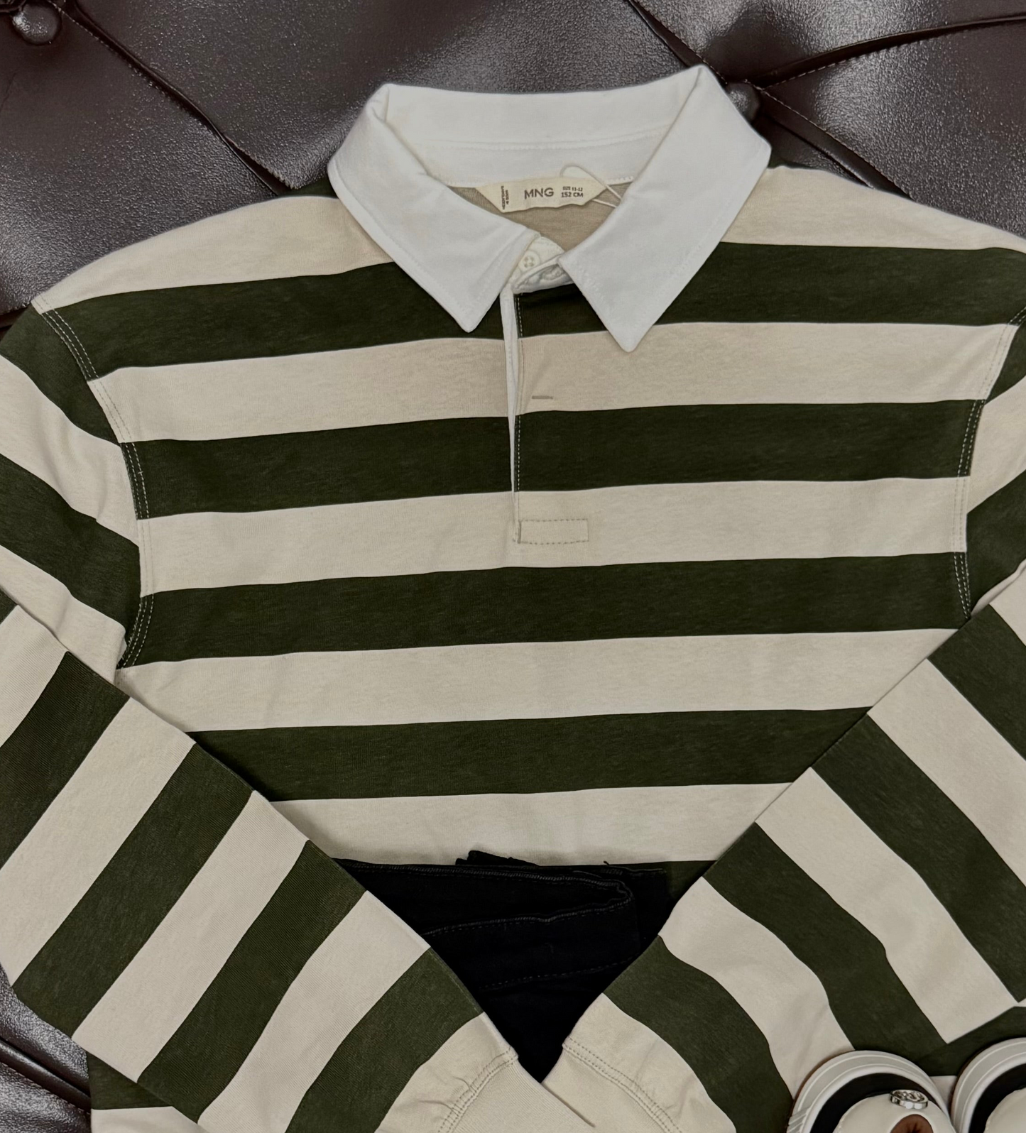 Mango Green & Beige Stripe Long-Sleeve Polo + Black Jeans + River Island Cream Sneakers