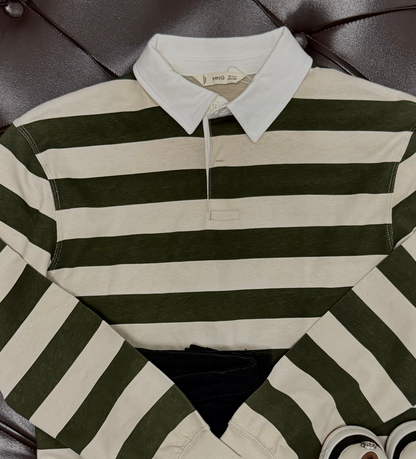 Mango Green & Beige Stripe Long-Sleeve Polo + Black Jeans + River Island Cream Sneakers