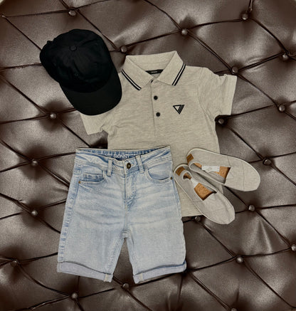 Next Grey Polo + Light Wash Denim Shorts + Grey Slip-On Shoes + Black Cap