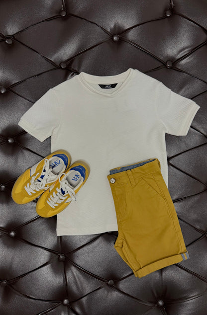 Ribbed Cream Tee + Mustard Shorts + Zara Yellow/Blue Sneakers