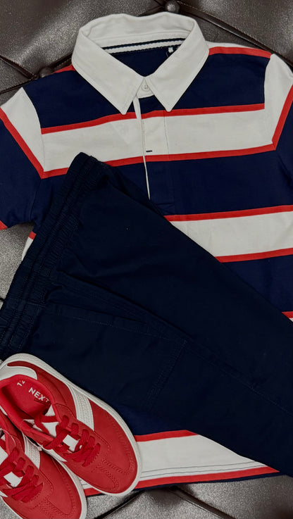 Next Navy & Red Stripe Polo + Navy Joggers + Next Red Sneakers
