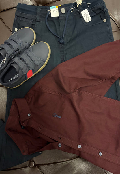 Next Navy Trousers + Wine Shirt + Grey/Red Sneakers