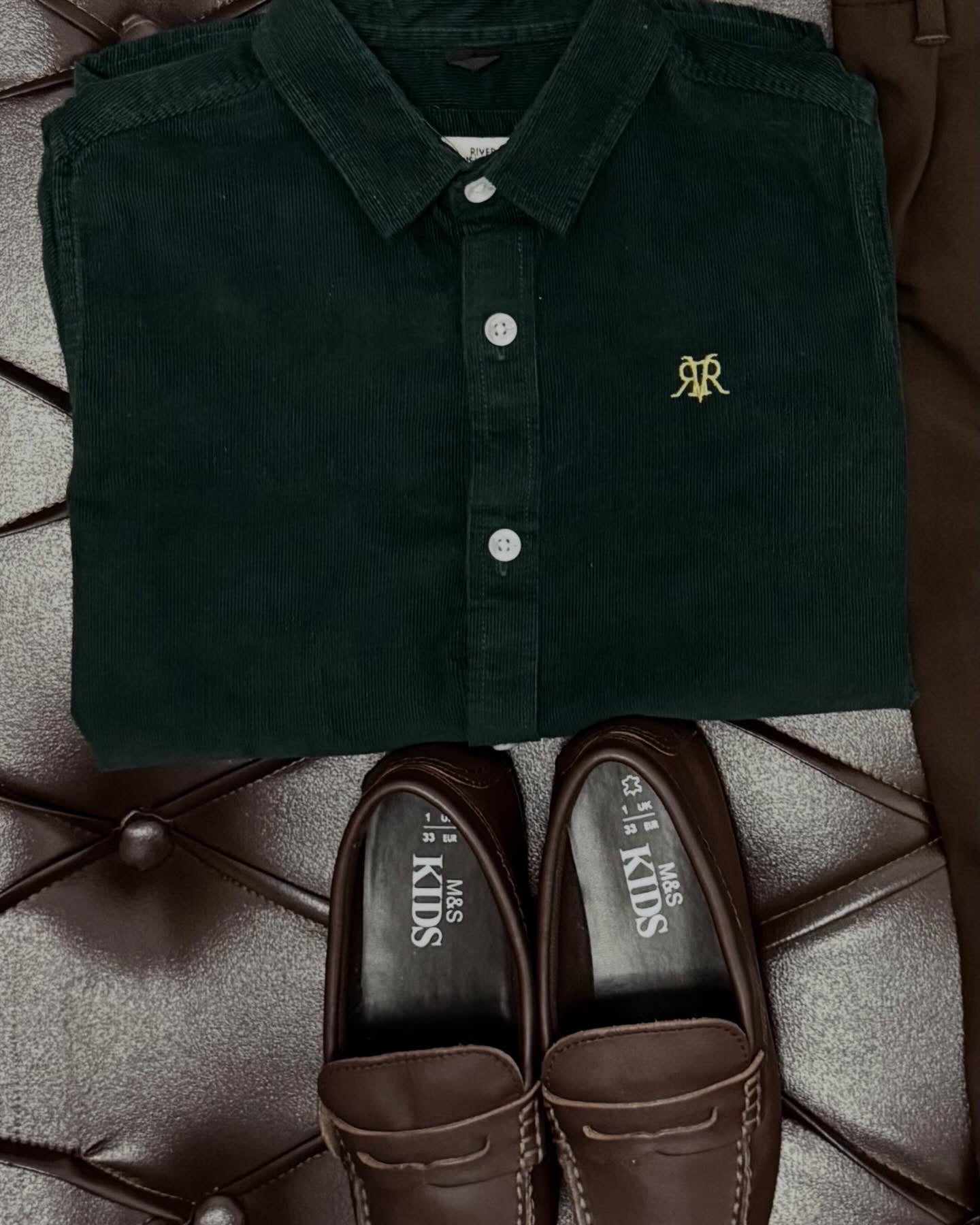 River Island Emerald Cord Shirt + M&S Dark Brown Trousers + Brown Loafers