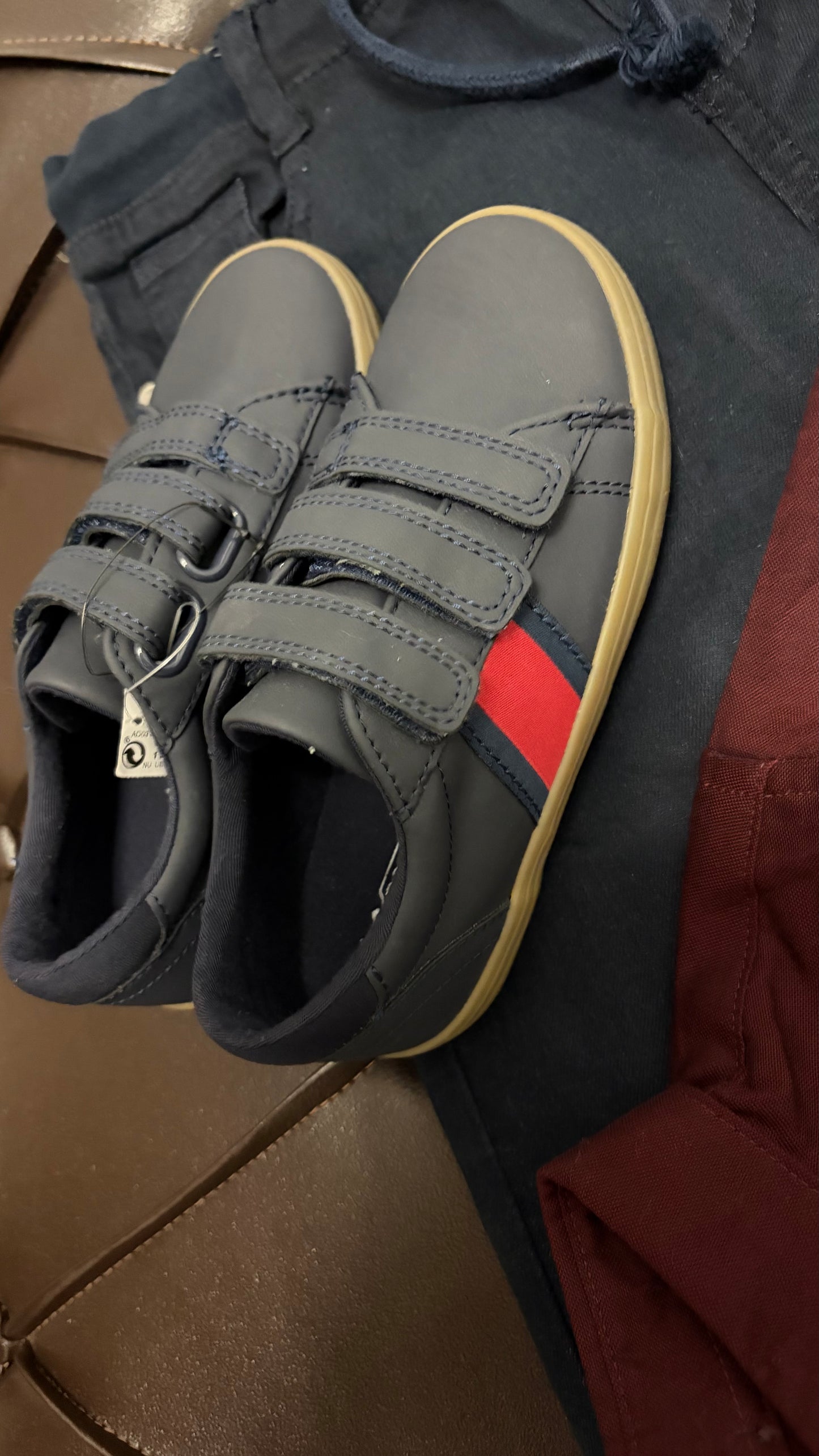 Next Navy Trousers + Wine Shirt + Grey/Red Sneakers