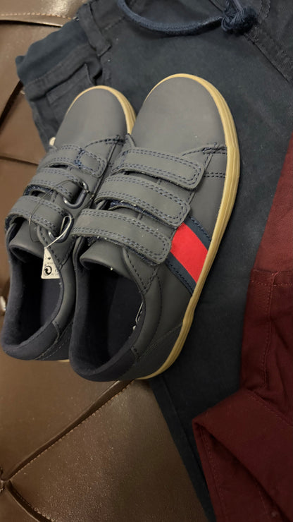 Next Navy Trousers + Wine Shirt + Grey/Red Sneakers