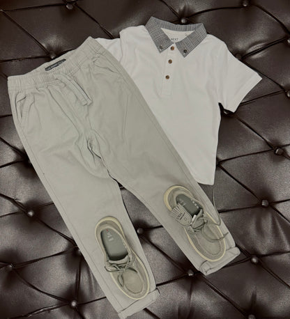 Next White Polo × Next Grey Joggers × M&S Grey Boat Shoes
