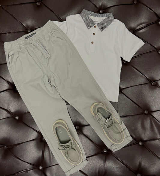 Next White Polo × Next Grey Joggers × M&S Grey Boat Shoes