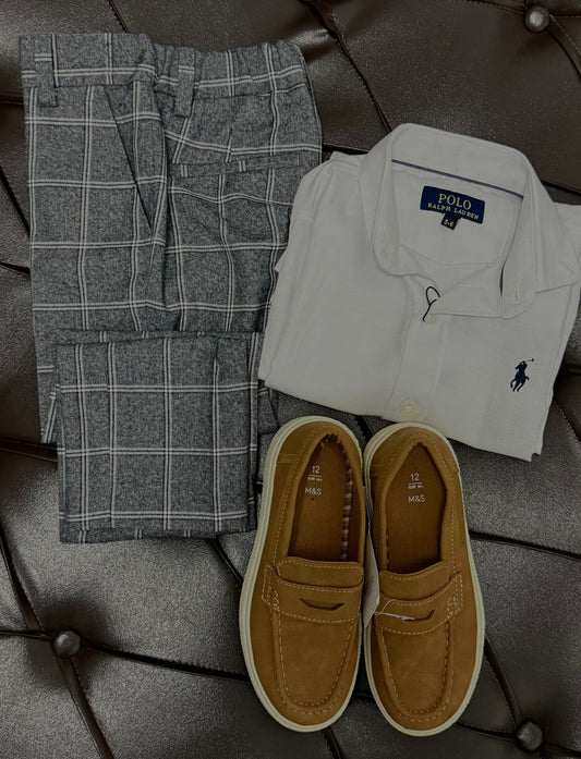 White Polo Ralph Lauren Shirt + Grey Check Trousers + Tan Loafers