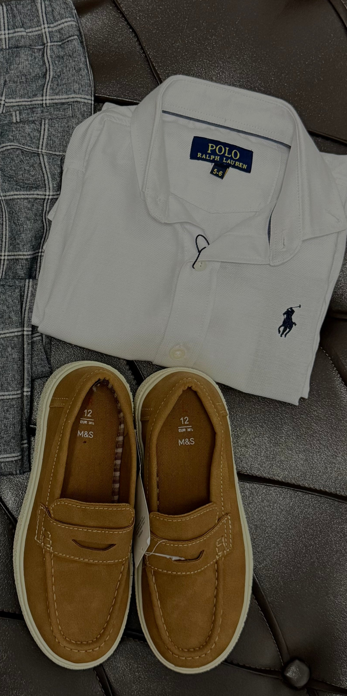 White Polo Ralph Lauren Shirt + Grey Check Trousers + Tan Loafers