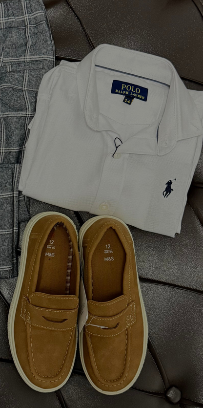 White Polo Ralph Lauren Shirt + Grey Check Trousers + Tan Loafers