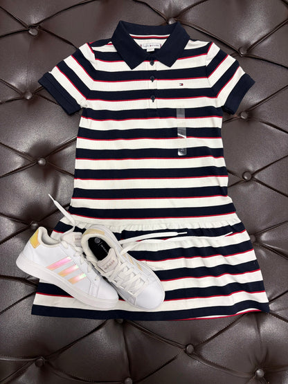 Tommy Hilfiger dress + adidas sneakers 
Girls Striped Polo Dress Set