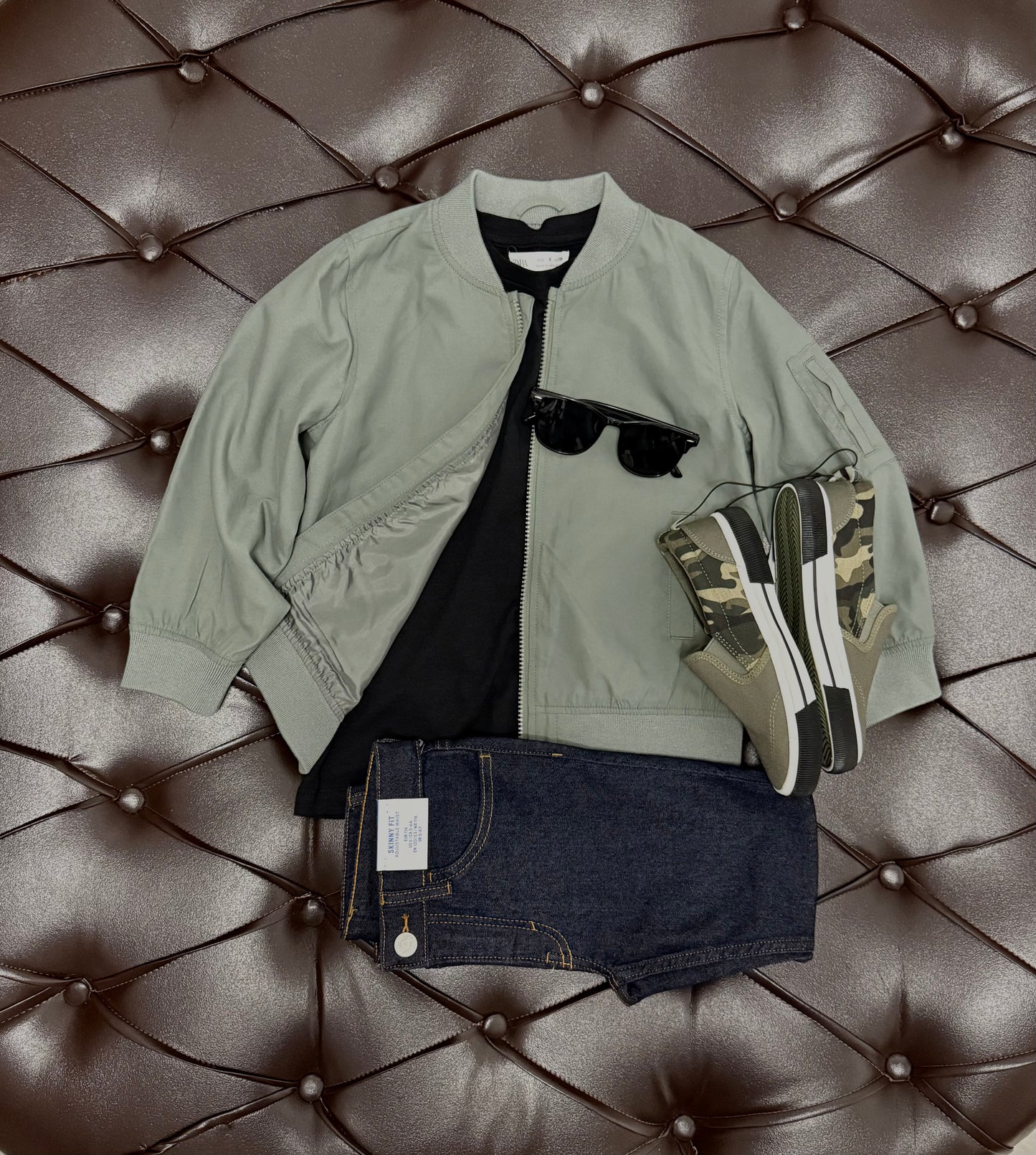 Sage Bomber Jacket + Black Tee + Denim Shorts + Camo Sneakers + Sunglasses Set