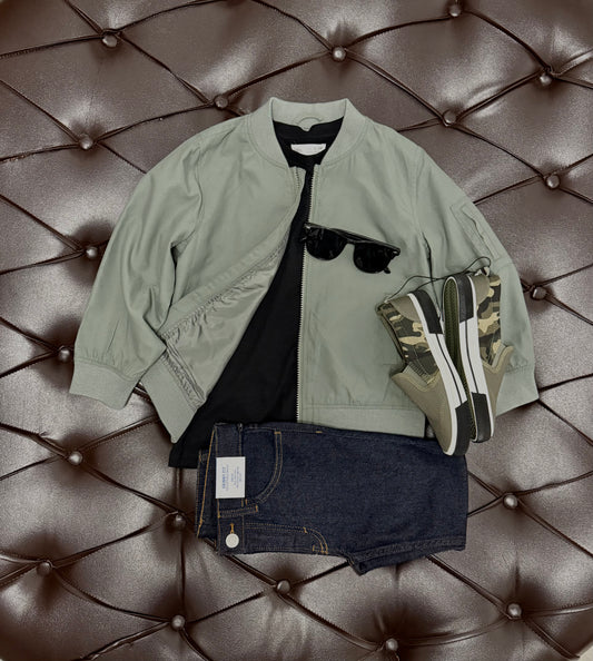 Sage Bomber Jacket + Black Tee + Denim Shorts + Camo Sneakers + Sunglasses Set