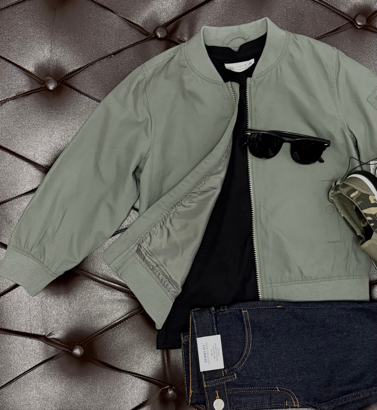 Sage Bomber Jacket + Black Tee + Denim Shorts + Camo Sneakers + Sunglasses Set