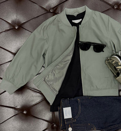Sage Bomber Jacket + Black Tee + Denim Shorts + Camo Sneakers + Sunglasses Set