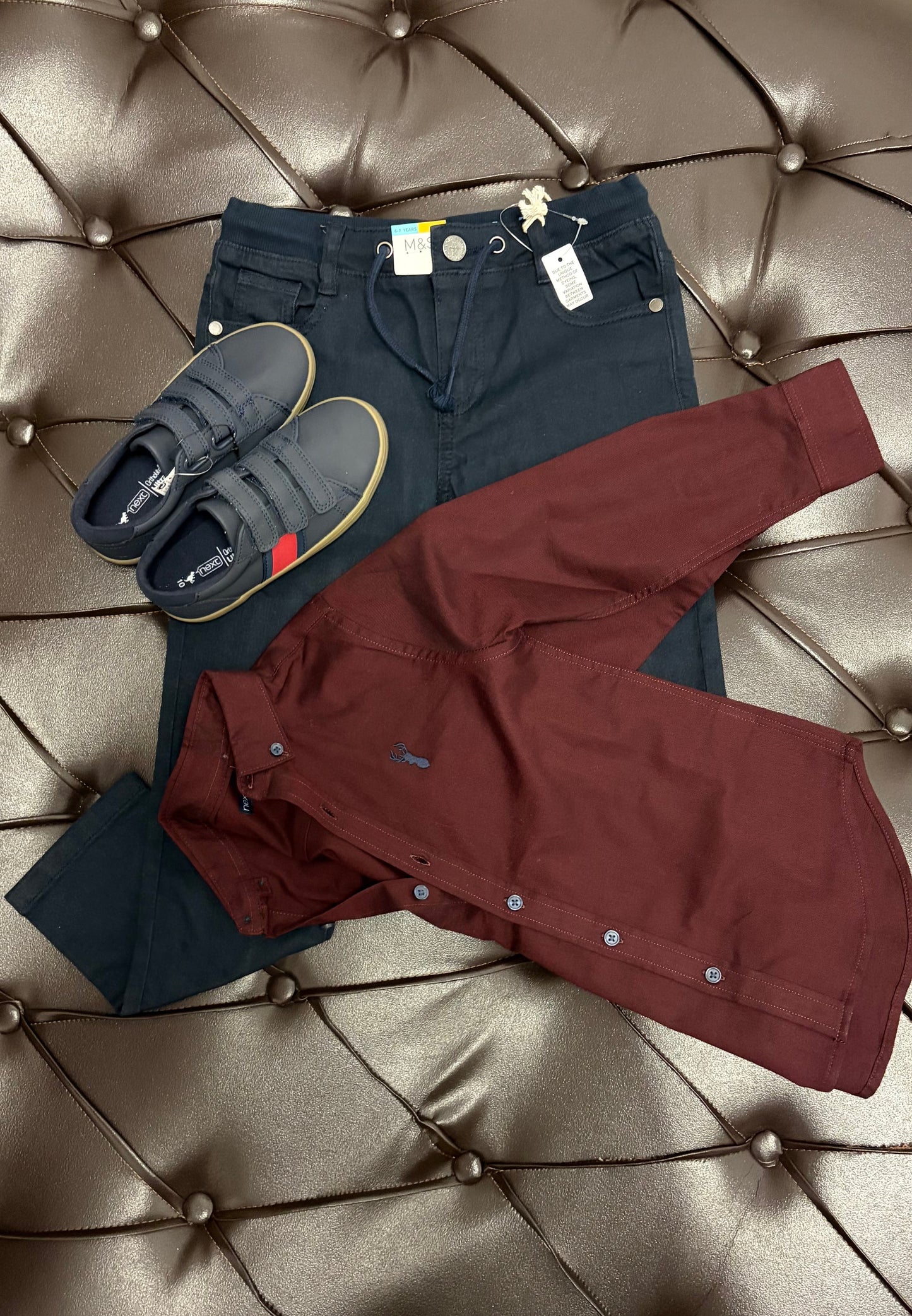 Next Navy Trousers + Wine Shirt + Grey/Red Sneakers
