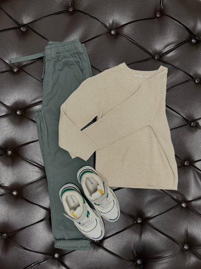 Sage Knit Sweater + Deep-Green Jogger Pants + White Sneakers