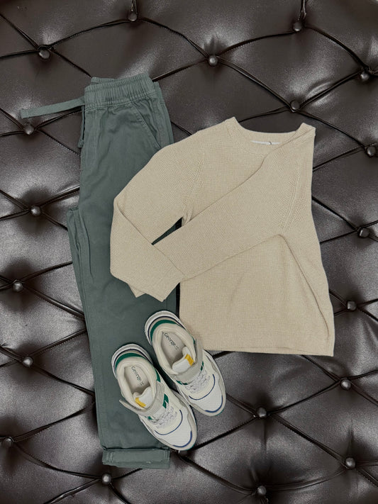 Sage Knit Sweater + Deep-Green Jogger Pants + White Sneakers