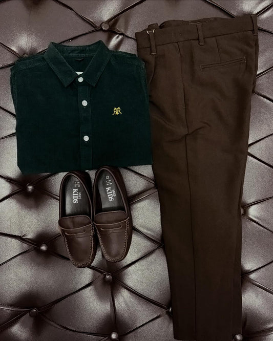 River Island Emerald Cord Shirt + M&S Dark Brown Trousers + Brown Loafers