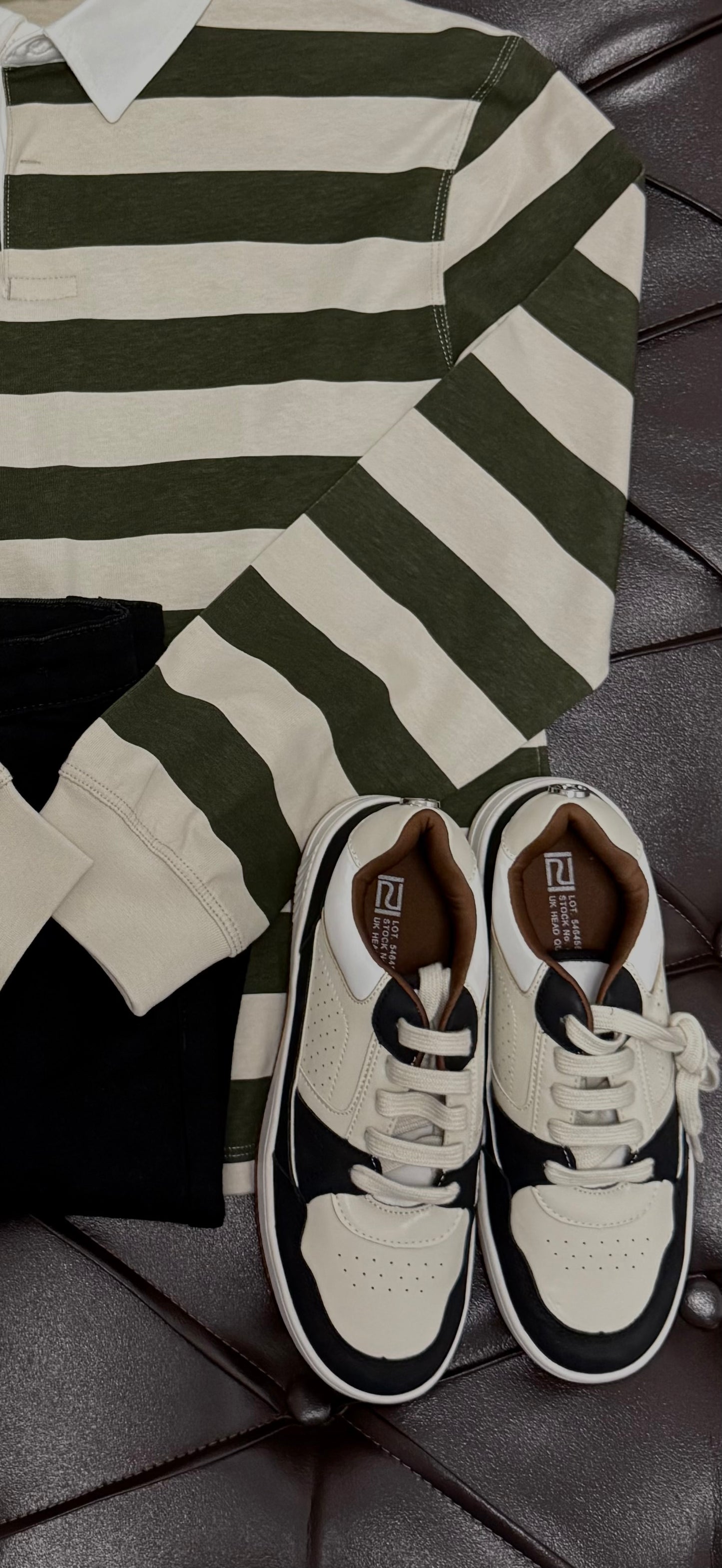 Mango Green & Beige Stripe Long-Sleeve Polo + Black Jeans + River Island Cream Sneakers