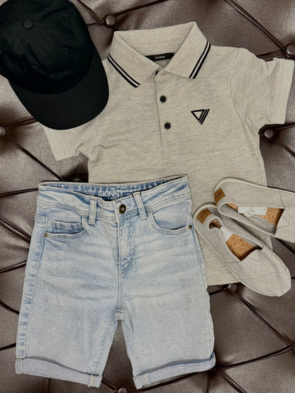 Next Grey Polo + Light Wash Denim Shorts + Grey Slip-On Shoes + Black Cap