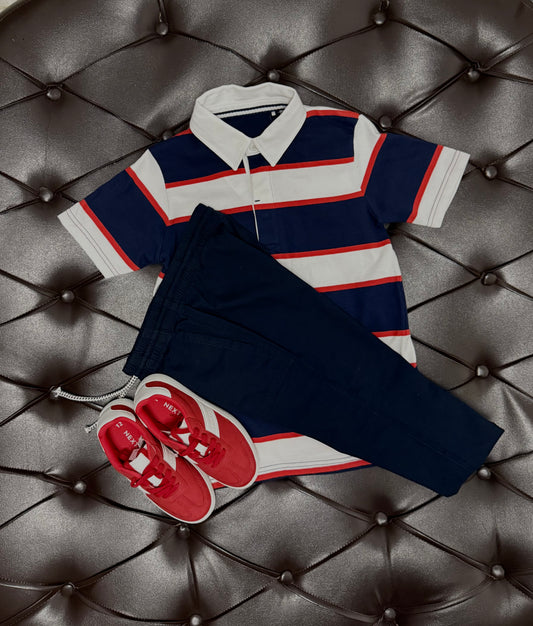 Next Navy & Red Stripe Polo + Navy Joggers + Next Red Sneakers