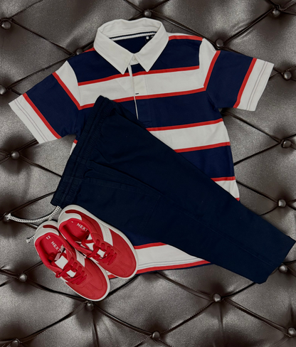 Next Navy & Red Stripe Polo + Navy Joggers + Next Red Sneakers