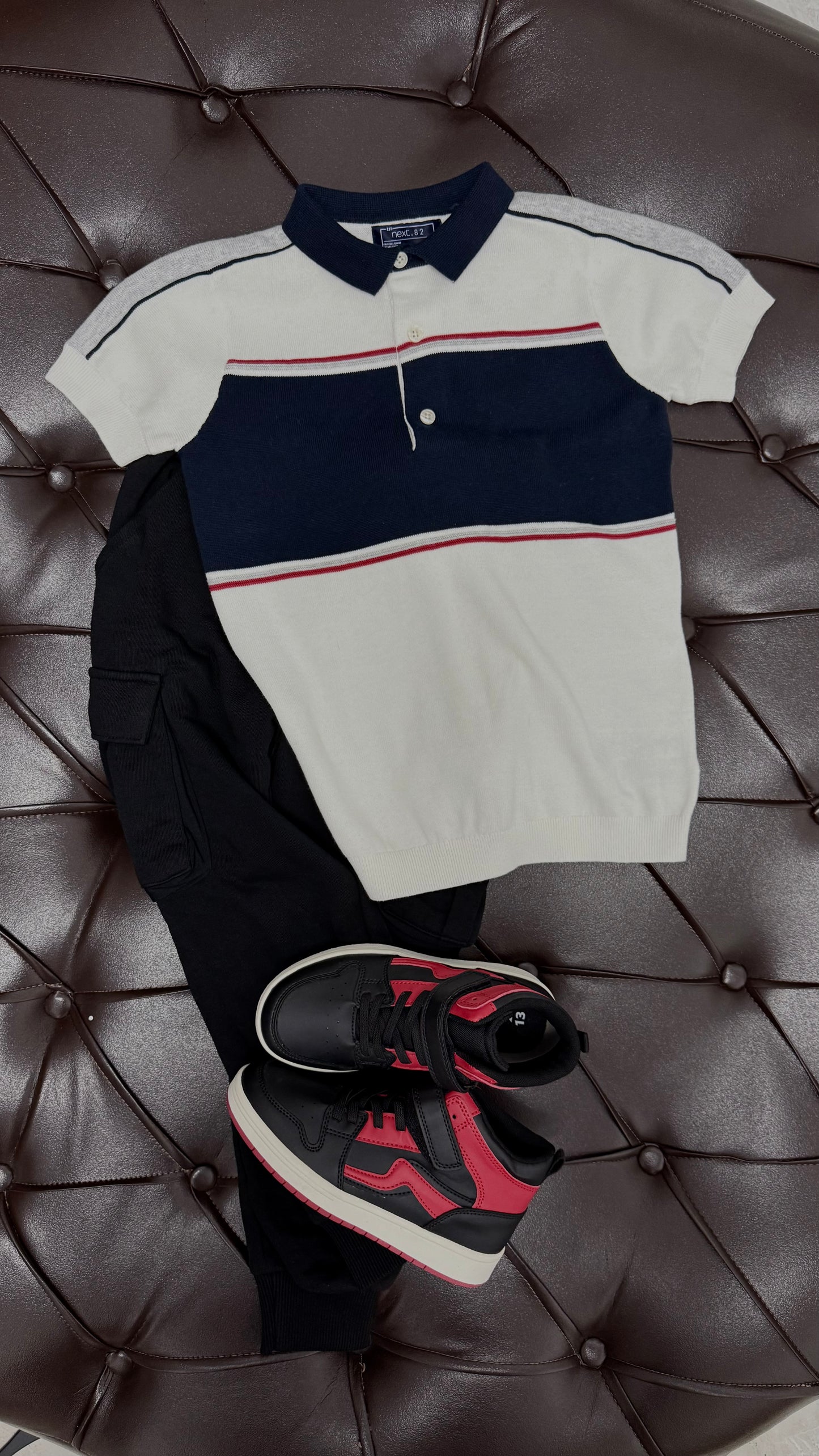 Next Navy & White Stripe Polo × Black Joggers × Black & Next Red Sneakers