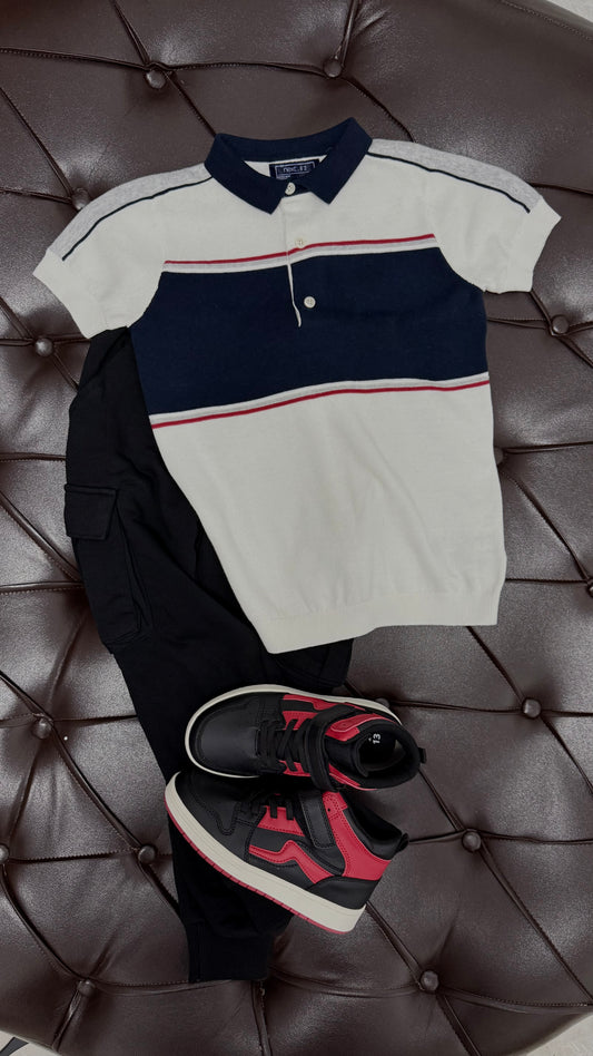 Next Navy & White Stripe Polo × Black Joggers × Black & Next Red Sneakers
