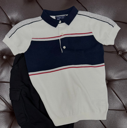 Next Navy & White Stripe Polo × Black Joggers × Black & Next Red Sneakers