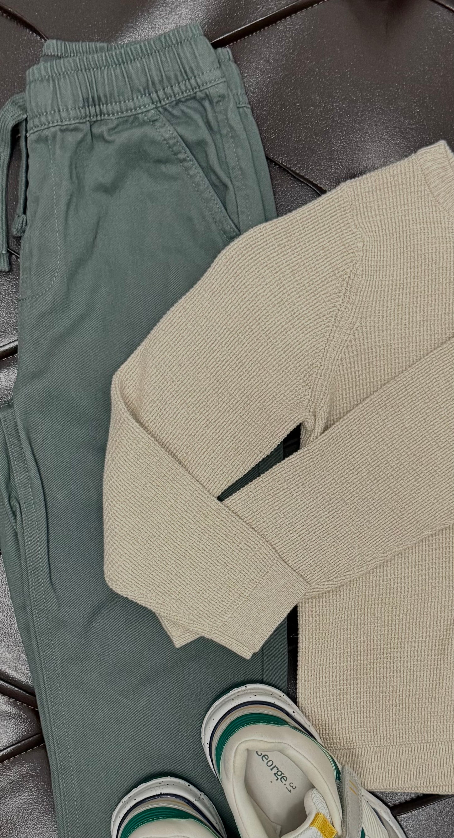 Sage Knit Sweater + Deep-Green Jogger Pants + White Sneakers
