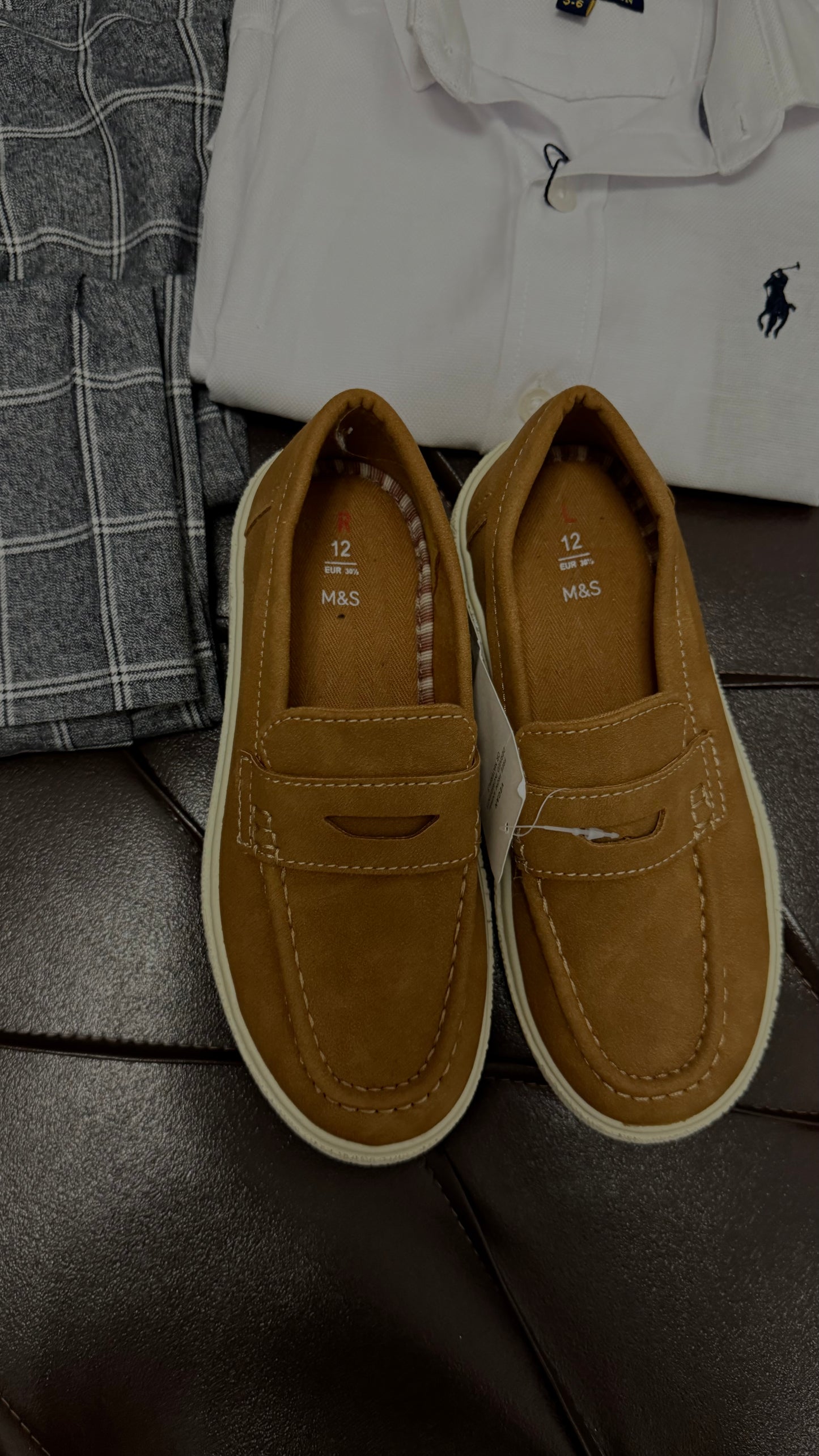 White Polo Ralph Lauren Shirt + Grey Check Trousers + Tan Loafers