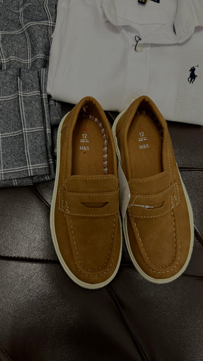 White Polo Ralph Lauren Shirt + Grey Check Trousers + Tan Loafers