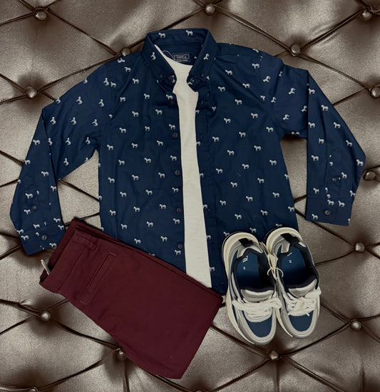 Next Navy Dog-Print Shirt + White Inner Tee + Wine Pants + Zara Navy Sneakers