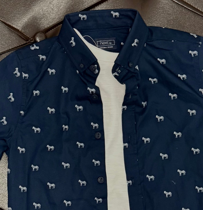Next Navy Dog-Print Shirt + White Inner Tee + Wine Pants + Zara Navy Sneakers
