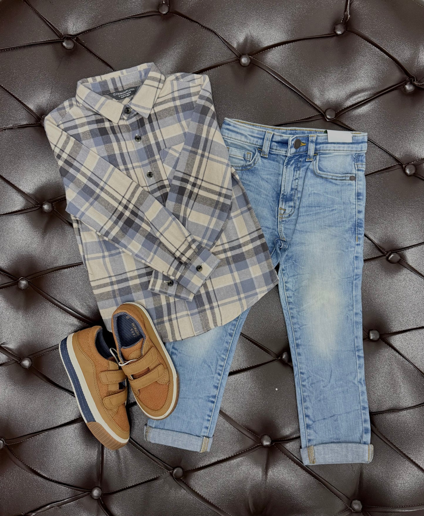 Next Blue & Beige Check Shirt × Next Light-Wash Jeans × Zara Brown Sneaker