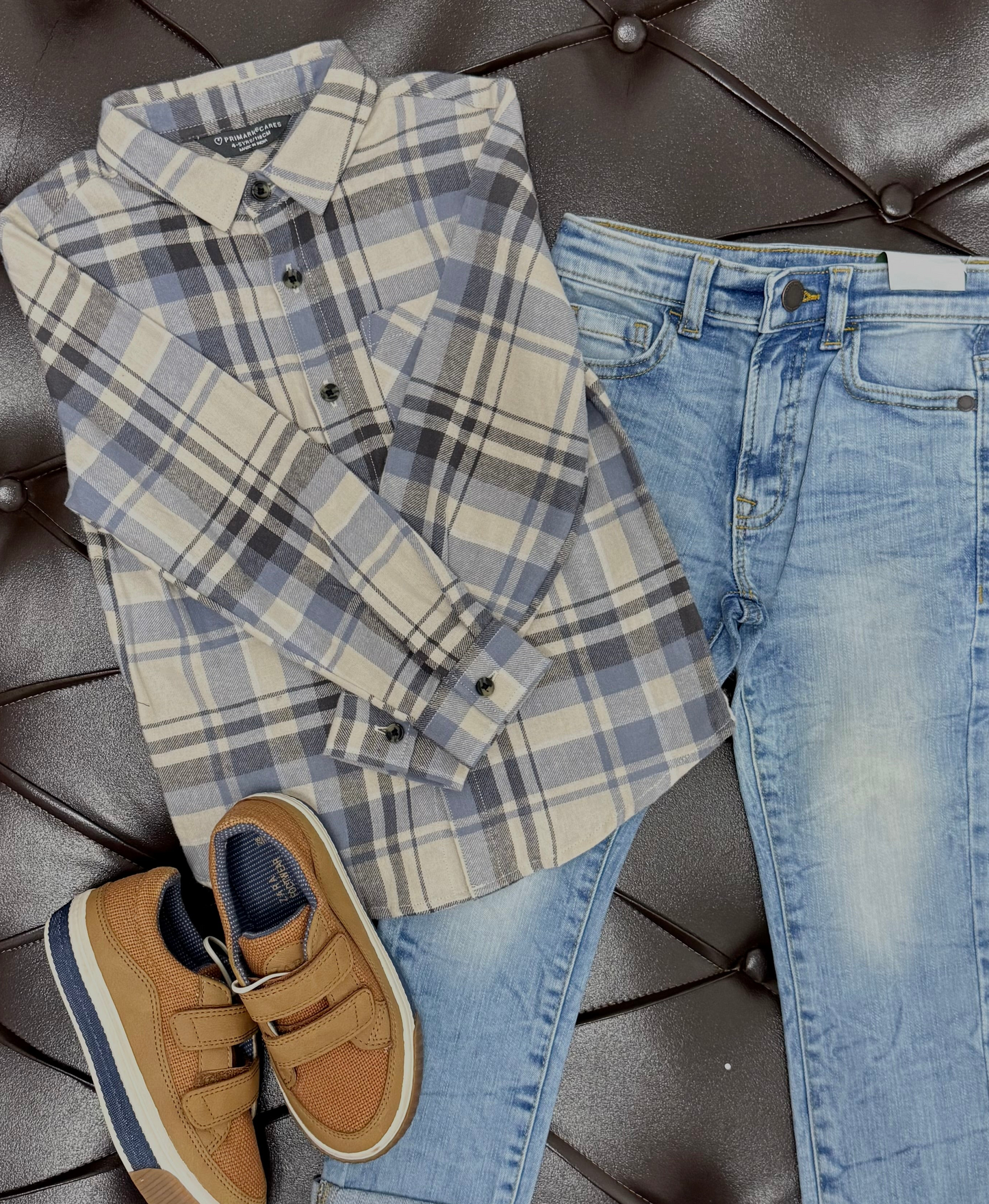 Next Blue & Beige Check Shirt × Next Light-Wash Jeans × Zara Brown Sneaker