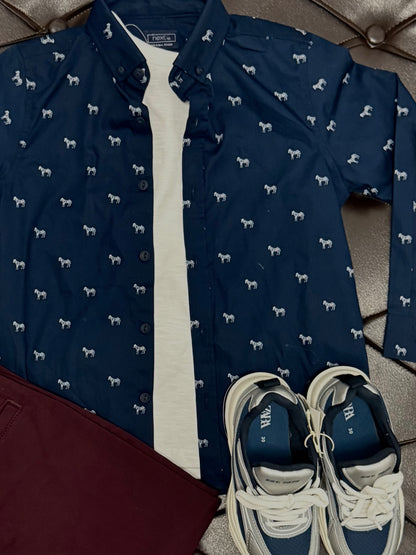 Next Navy Dog-Print Shirt + White Inner Tee + Wine Pants + Zara Navy Sneakers