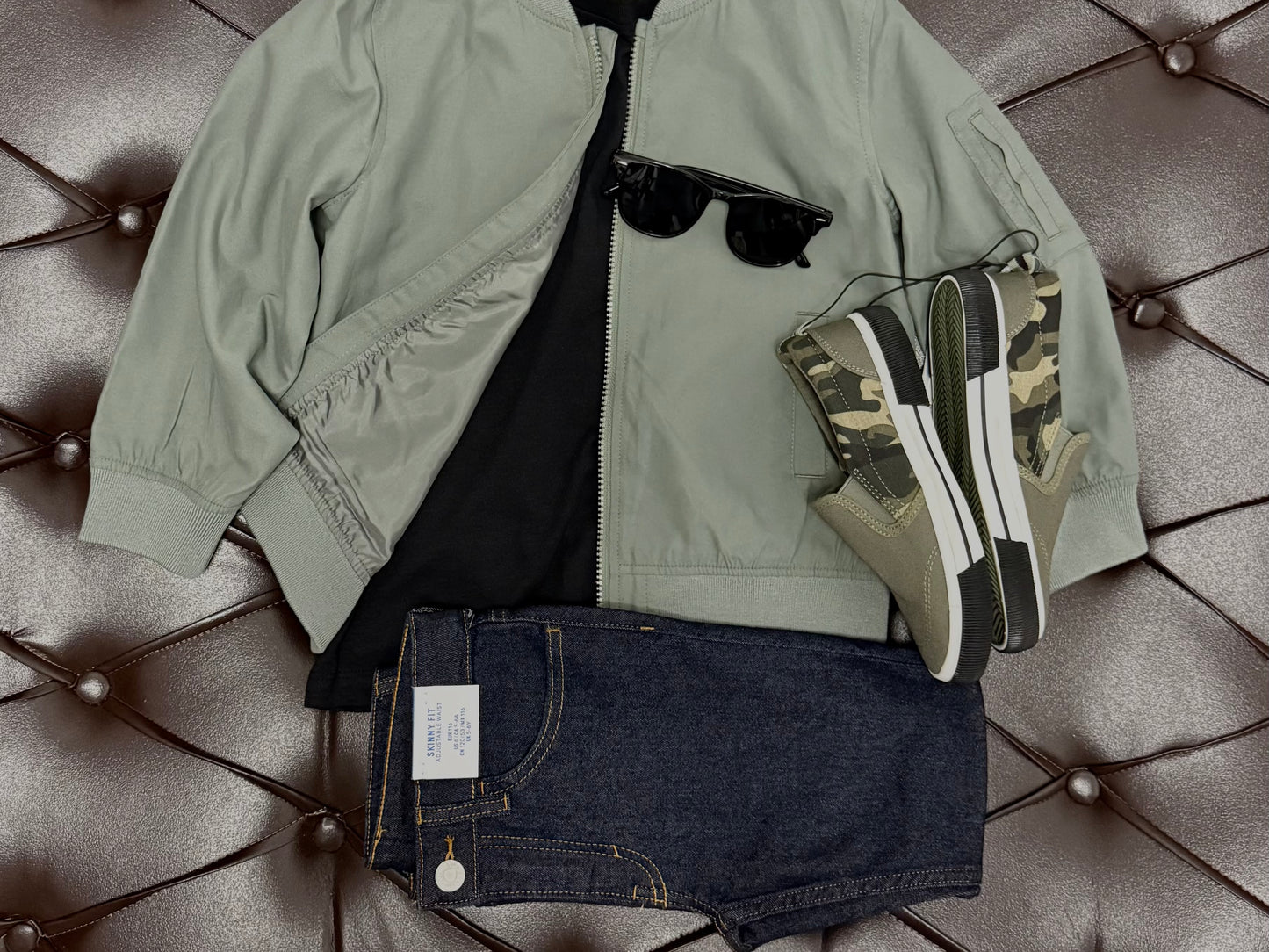 Sage Bomber Jacket + Black Tee + Denim Shorts + Camo Sneakers + Sunglasses Set