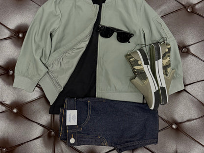 Sage Bomber Jacket + Black Tee + Denim Shorts + Camo Sneakers + Sunglasses Set