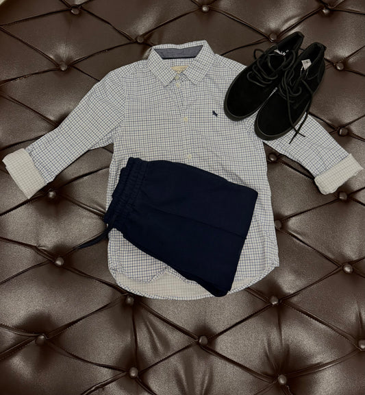 H&M Checkered White Shirt + Next Navy Joggers + Next Black Boots