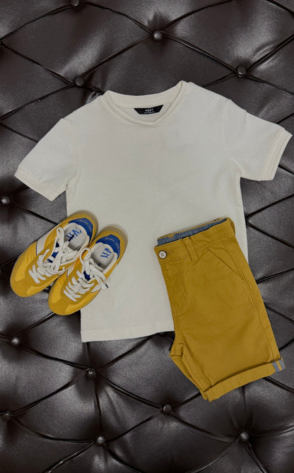 Ribbed Cream Tee + Mustard Shorts + Zara Yellow/Blue Sneakers