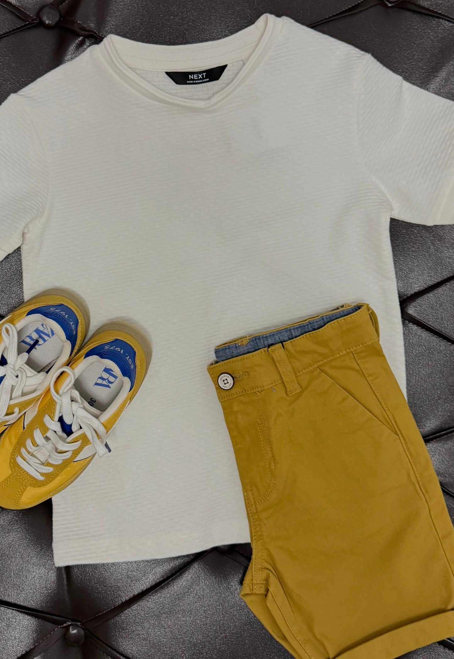 Ribbed Cream Tee + Mustard Shorts + Zara Yellow/Blue Sneakers
